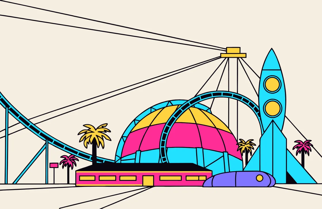 Illustration: a futuristic theme park at night