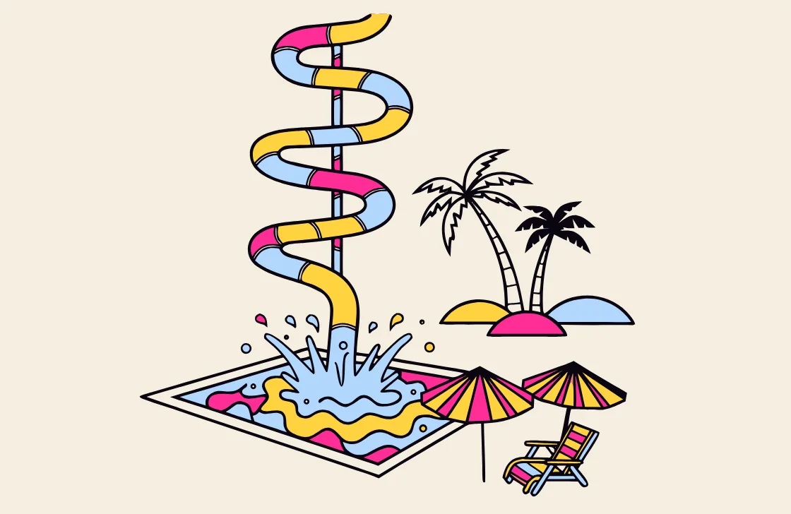 Illustration: a resort water park with a waterslide and cabanas