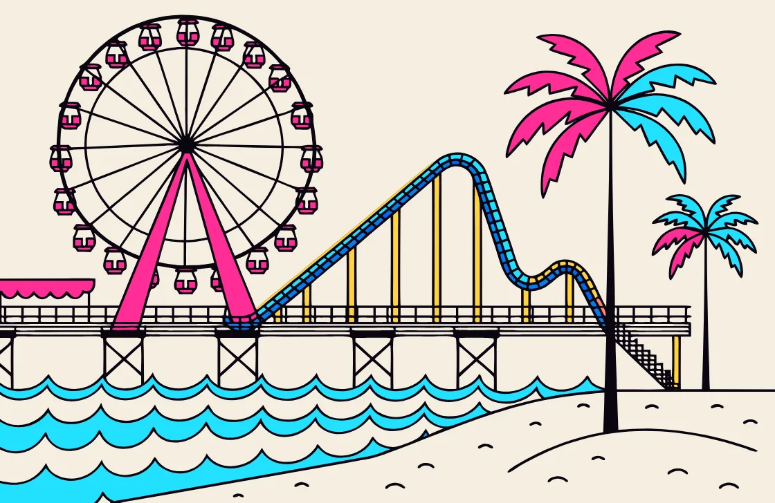 Illustration: a seaside boardwalk pier with a ferris wheel